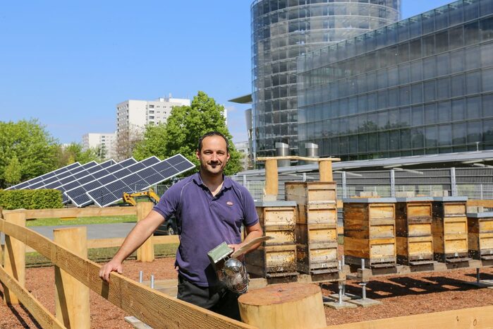 Der Imker vor einer Reihe von Bienestöcken, im Hintergrund das verglaste Manufakturgebäude und Sonnenpanele