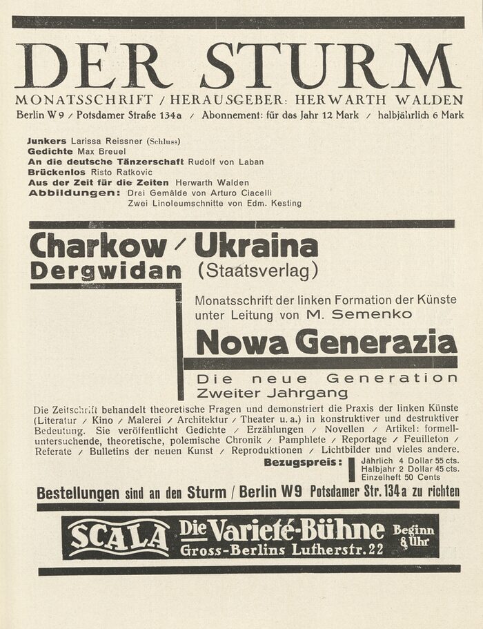 Die Titelseite der Zeitschrift "Der Sturm", heausgegeben von Herwarth Walden mit Werbung für die Zeitung Nowa Generazia aus Charkov, jetzt Charkiv