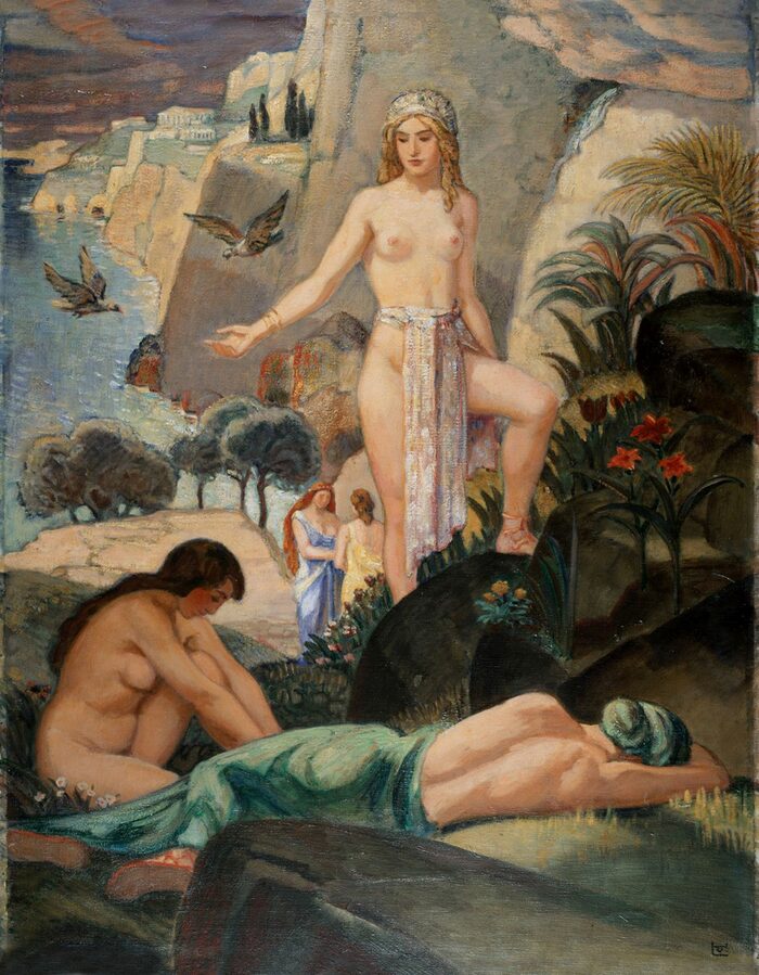 Landschaft mit drei Frauen, teilweise nackt