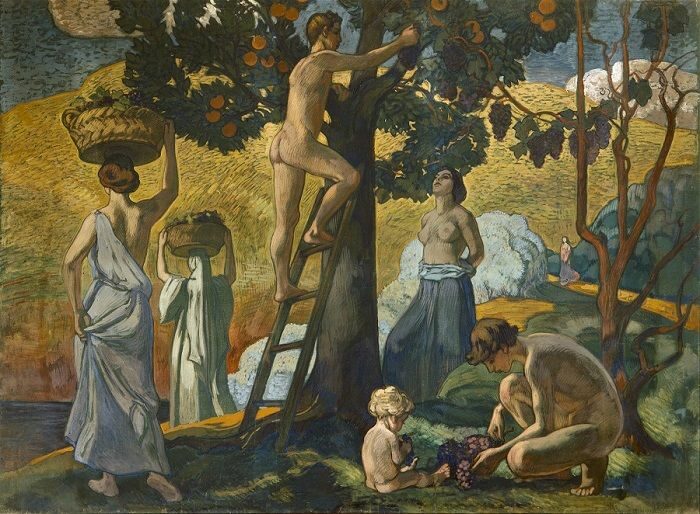 Ein Gemälde zeigt leicht bekleidete Menschen in historischen Gewändern bei der Orangenernte an einem Baum.